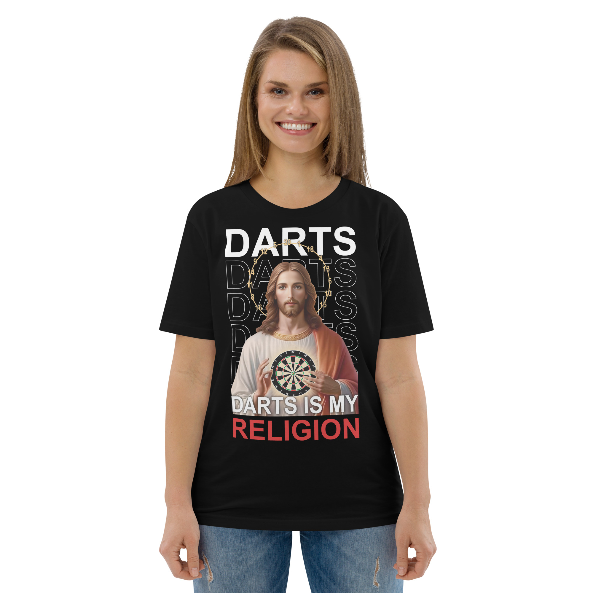 Dart T-Shirt – Darts Is My Religion Statement Design für Spielerinnen